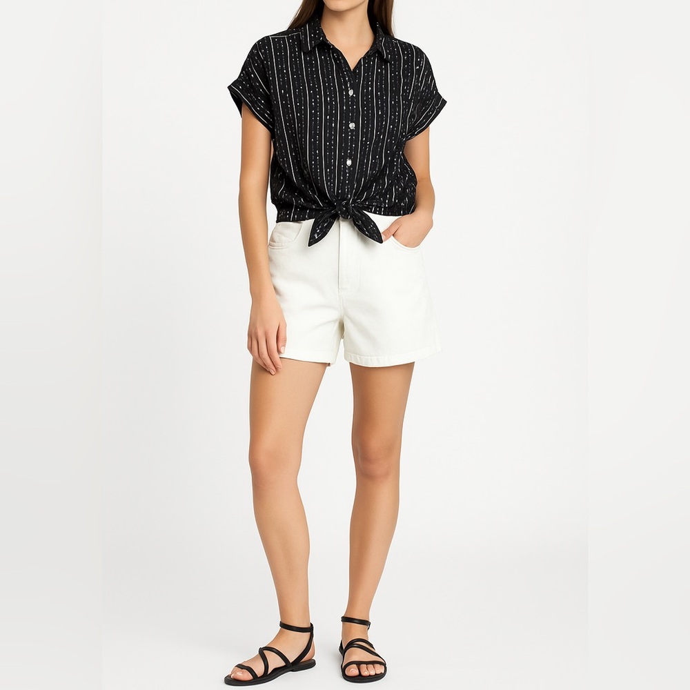 LOFT Striped Dot Button Down Camp Shirt | XL | Black White | Preppy Minimalist